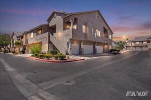 Downsizing condo in Las Vegas at Stone Ridge, Peccole Ranch, exterior view at dusk